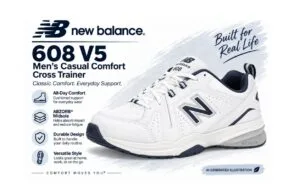 New Balance 608v5 Men (value shoe) - Rejuva Sole™ White New Balance 608 V5 men's cross-trainer shoe with navy accents and the 'Built for Real Life' slogan in the background
