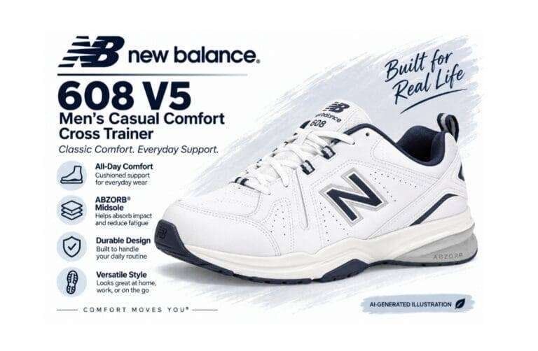 New Balance 608v5 Men (value shoe) - Rejuva Sole™ White New Balance 608 V5 men's cross-trainer shoe with navy accents and the 'Built for Real Life' slogan in the background