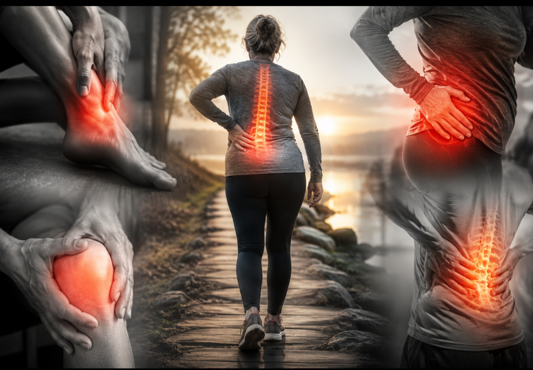 Screenshot_20260724-162749 - Rejuva Sole™ A person walking along a path with a glowing spine, highlighting lower back, hip, and knee pain.