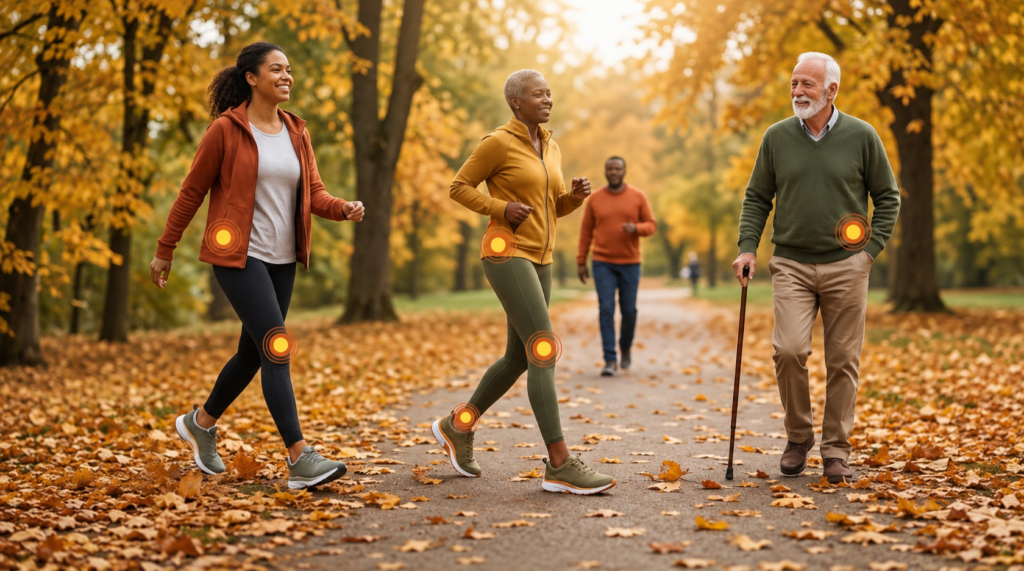 exec-98871c4b-e522-4067-bad7-633d790591f4 - Rejuva Sole™ Four adults walking along a leaf-covered park path in autumn; orange indicators mark joints for activity tracking.