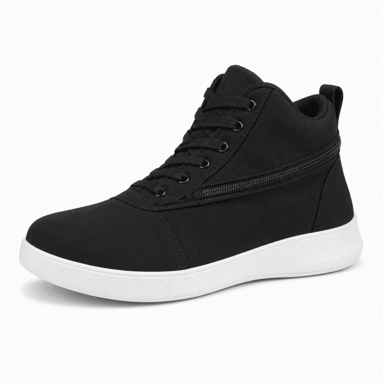 Black mid-cut sneaker with a white sole and side zipper detail
