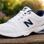 White New Balance sneaker with navy accents and side
