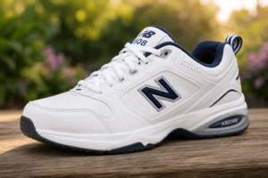 White New Balance sneaker with navy accents and side