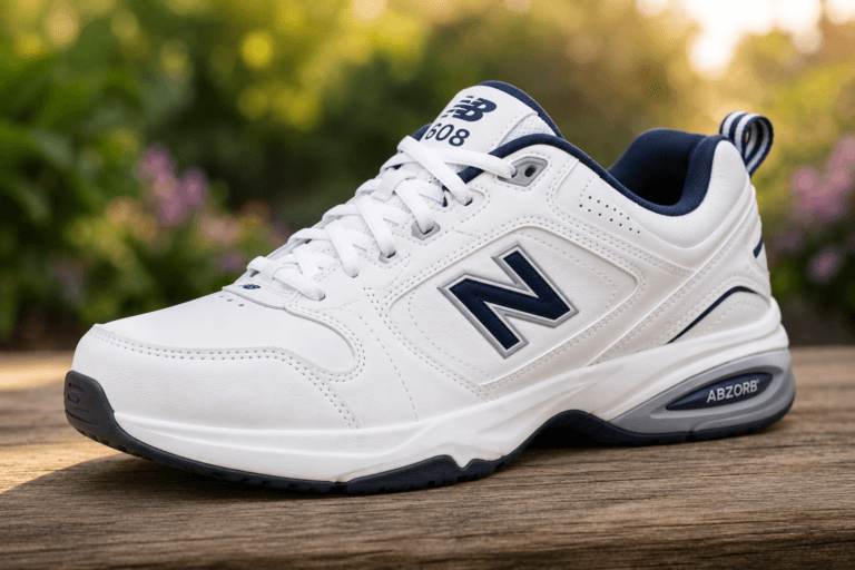 White New Balance sneaker with navy accents and side