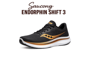 Black Saucony Endorphin Shift 3 running shoe with gold logo and white sole, shown in a studio setting