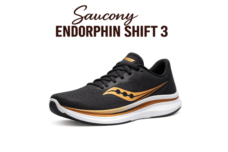 Black Saucony Endorphin Shift 3 running shoe with gold logo and white sole, shown in a studio setting
