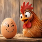 Cartoon chicken leans toward a smiling egg with a drawn-on face on a wooden surface, as if they’re talking.