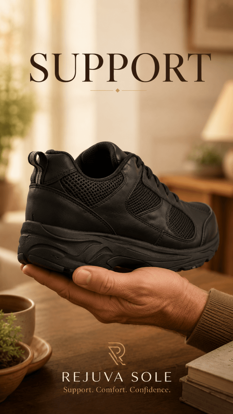 Hand holding a black athletic sneaker with mesh panels in a warm indoor setting; large 'SUPPORT' headline above and REJUVA SOLE branding below.