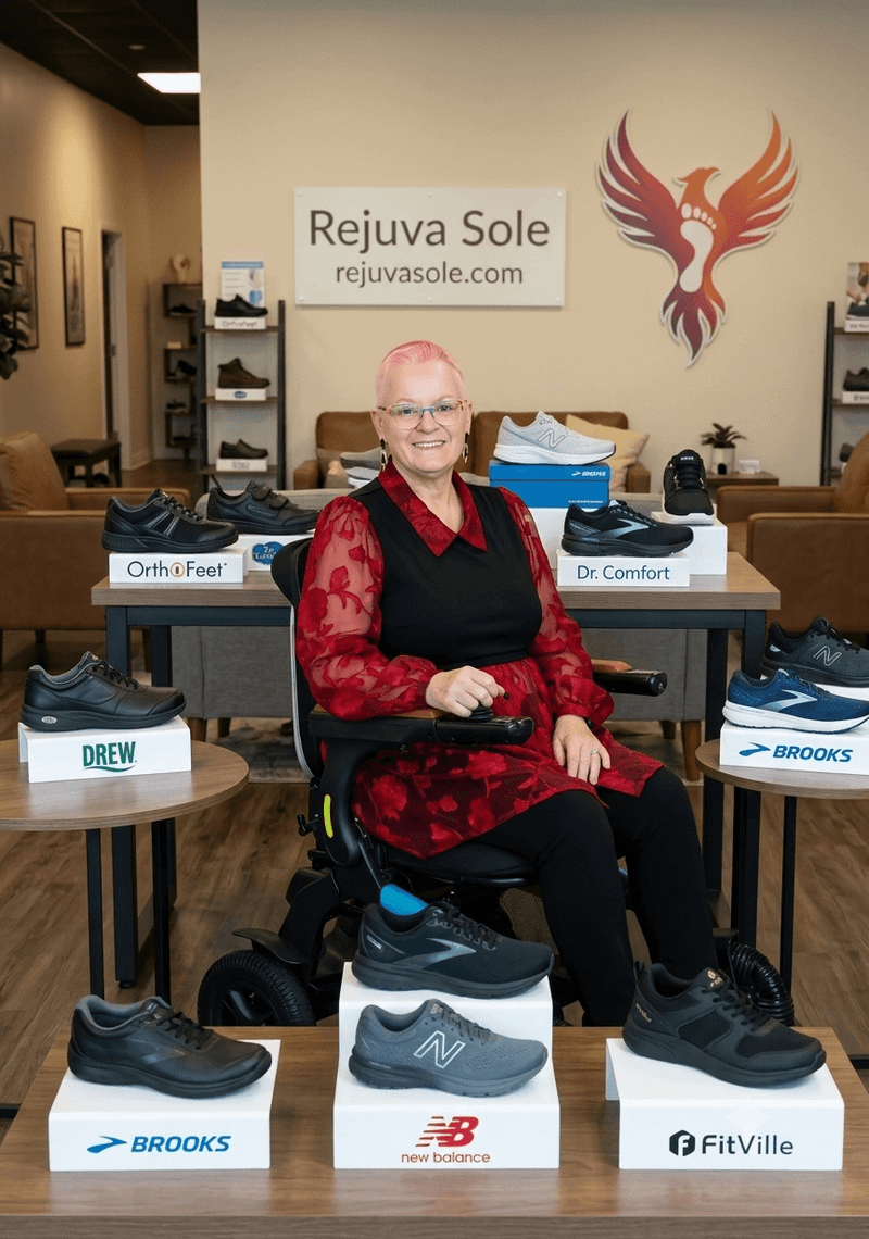 Tammy seated in a wheelchair beside a display of supportive shoes.