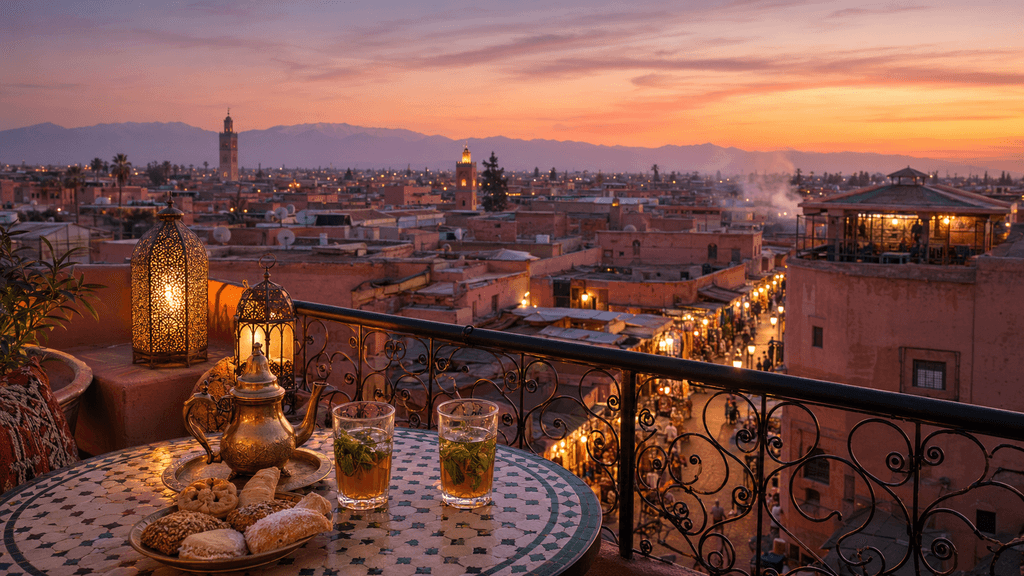 6203 - Rejuva Sole™ Rooftop table with tea and pastries overlooking a pink-orange sunset over a Moroccan cityscape with minarets and mountains in the distance.