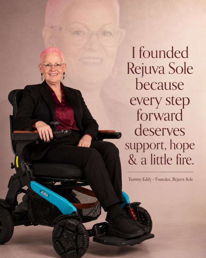 Tammy Eddy, founder of Rejuva Sole, seated in her power wheelchair