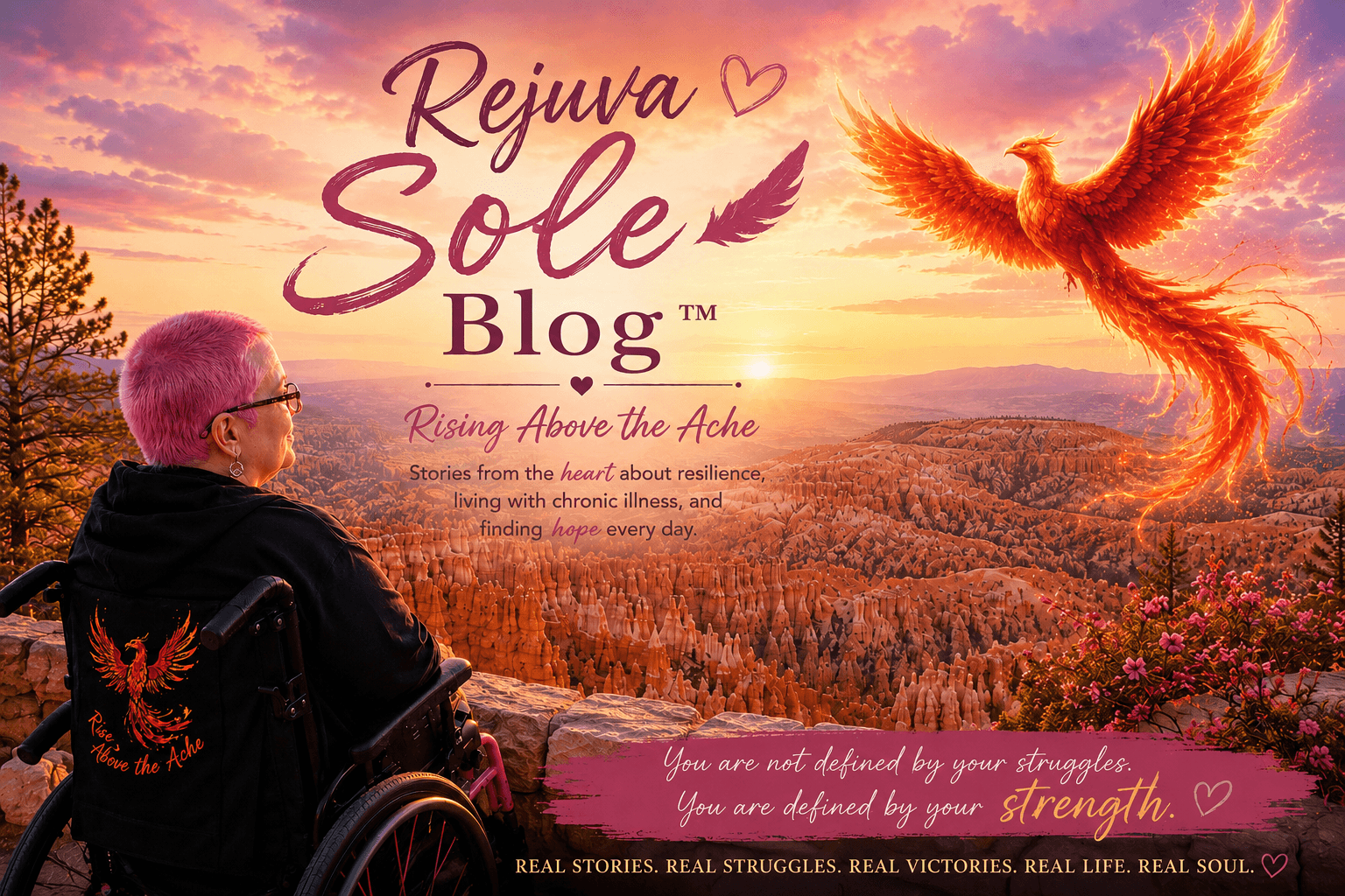 file_00000000e7f881f5a7e264a8b63649ac - Rejuva Sole™ Woman in a wheelchair looking toward a sunset over a canyon, with a fiery phoenix and 'Rejuva Sole Blog' title on the image (blog about resilience).