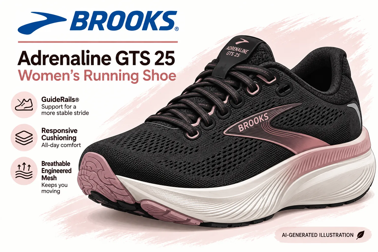 8502 - Rejuva Sole™ Brooks Adrenaline GTS 25 women's running shoe with black and pink design; highlights GuideRails, cushioning, and breathable mesh.