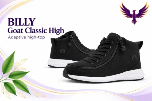 AI-generated representative illustration of a black BILLY Goat Classic High adult high-top with full-wrap zipper, white sole, and lilac and gold decorative background.