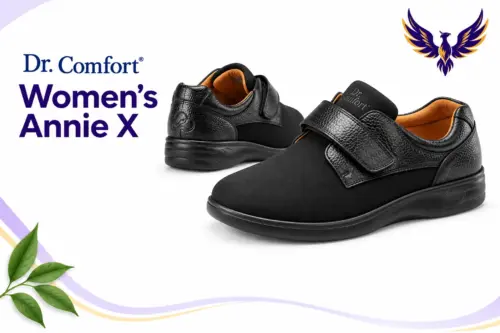 Dr-Comfort-Annie-X-designed-no-claims AI illustration of Dr. Comfort Women’s Annie X shoes on a white, lilac and gold decorative background.