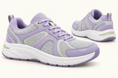 AI-generated illustration of two lavender and gray women’s wide lace-up walking shoes, representative of FitVille Rebound Core V1.