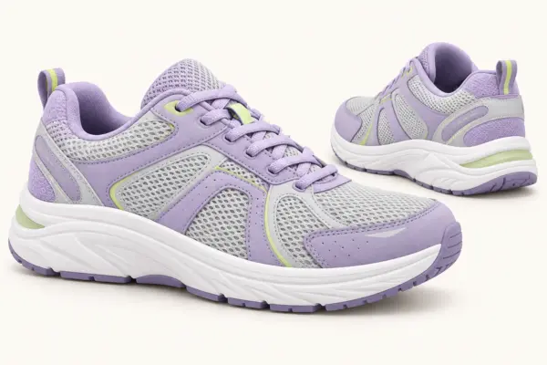 AI-generated illustration of two lavender and gray women’s wide lace-up walking shoes, representative of FitVille Rebound Core V1.