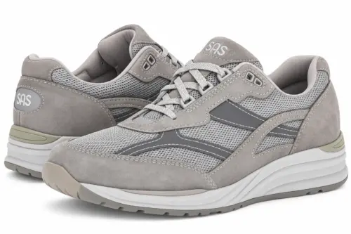 SAS Men’s Journey Mesh — AI shoe illustration Grey SAS athletic sneakers with mesh panels and cushioned white sole, side view.