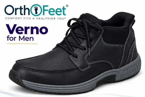 Orthofeet Verno for Men black leather ankle boot with white stitching and rugged sole, product image.