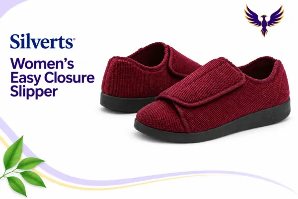 AI-generated illustration of a red Silverts easy-closure slipper on a white, lilac and gold decorative background.