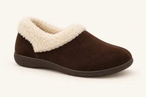 Vionic Clare closed-heel editorial illustration AI-generated illustration of a brown women’s closed-heel cozy collar slipper with cream lining; representative of the Vionic Clare style.