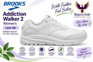 brooks-addiction-walker-2-womens-lace-up-illustration - Rejuva Sole™ AI-generated illustration of a white women’s Brooks Addiction Walker 2 lace-up shoe, shown from the side.