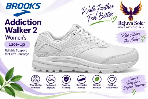 brooks-addiction-walker-2-womens-lace-up-illustration AI-generated illustration of a white women’s Brooks Addiction Walker 2 lace-up shoe, shown from the side.
