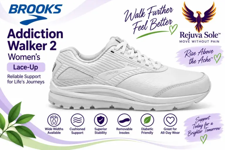 brooks-addiction-walker-2-womens-lace-up-illustration - Rejuva Sole™ AI-generated illustration of a white women’s Brooks Addiction Walker 2 lace-up shoe, shown from the side.