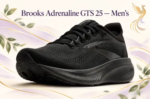 Brooks Men’s Adrenaline GTS 25 — clean illustration AI illustration of a black Brooks men’s Adrenaline GTS 25 shoe on a cream, lilac, and gold backdrop.