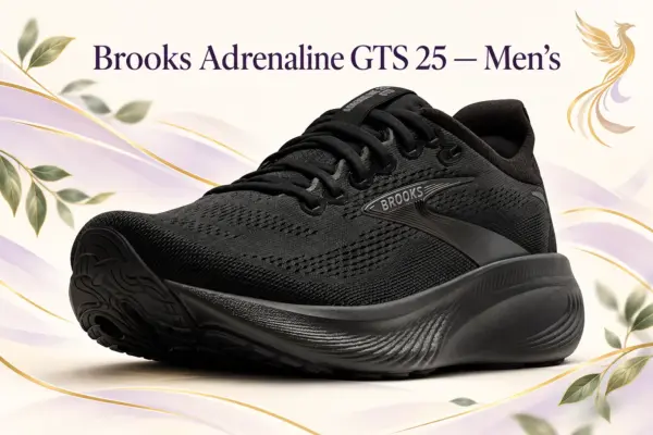 AI illustration of a black Brooks men’s Adrenaline GTS 25 shoe on a cream, lilac, and gold backdrop.