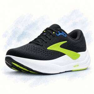 brooks-ghost-max-3-rejuva-illustration - Rejuva Sole™ AI-generated illustration of a black Brooks Ghost Max 3 shoe with a lime-green side logo, blue collar accent, and thick white rocker sole.