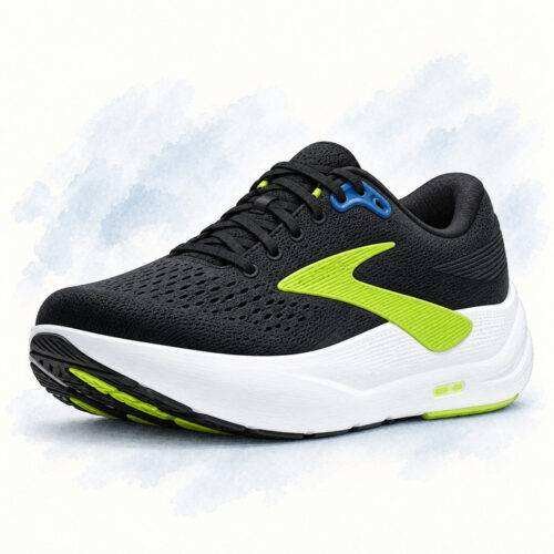 brooks-ghost-max-3-rejuva-illustration AI-generated illustration of a black Brooks Ghost Max 3 shoe with a lime-green side logo, blue collar accent, and thick white rocker sole.