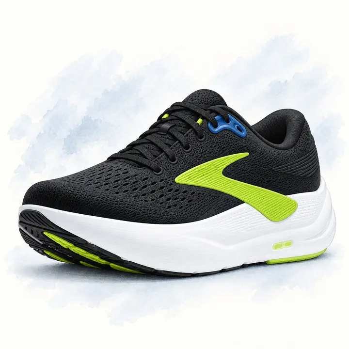 AI-generated illustration of a black Brooks Ghost Max 3 shoe with a lime-green side logo, blue collar accent, and thick white rocker sole.