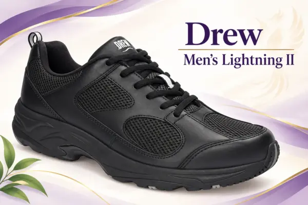 drew-lightning-ii - Rejuva Sole™ Representative AI illustration of a black Drew Men’s Lightning II lace-up shoe on a cream, purple and gold background.