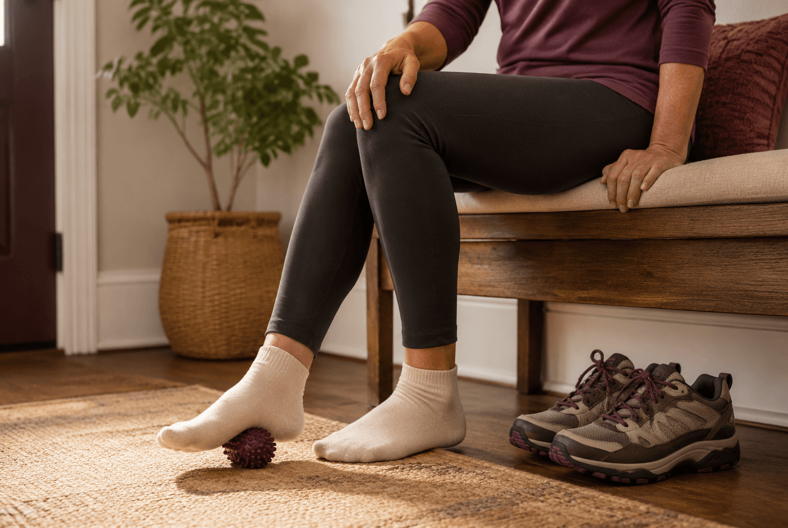 Person rolling a socked foot over a massage ball beside supportive walking shoes.
