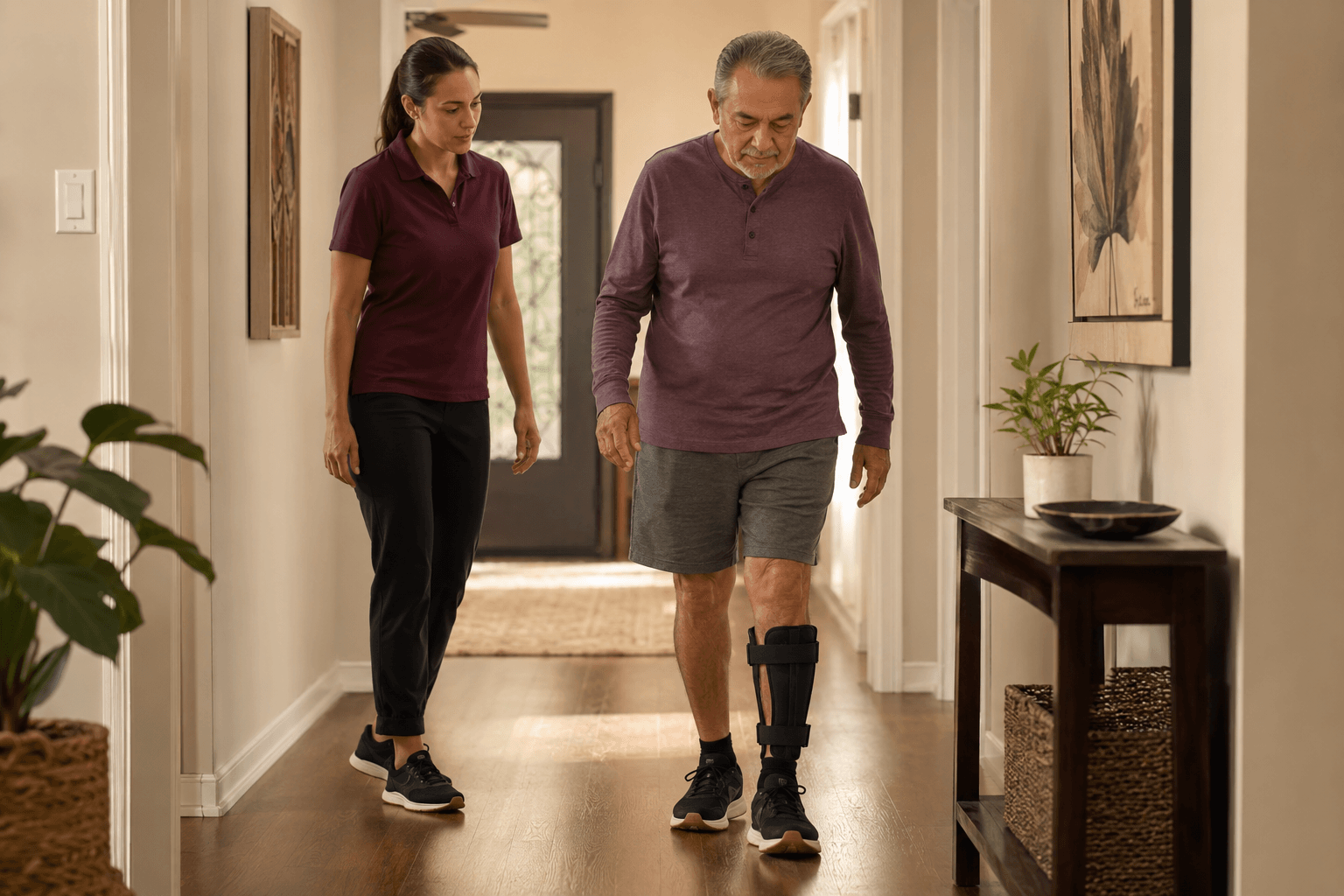 Older man wearing a lower-leg brace and stable shoes while practicing a steady walk at home.