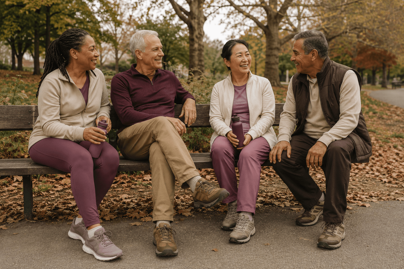 Four adults resting together on a park bench after a gentle walk.