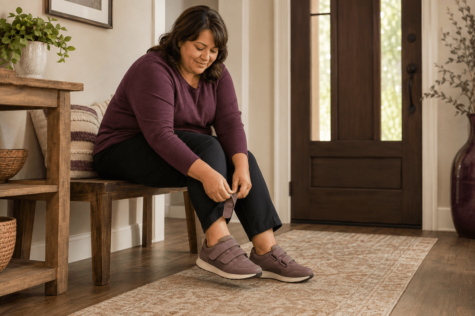 Plus-size woman adjusting the wide strap of a roomy supportive shoe at home.