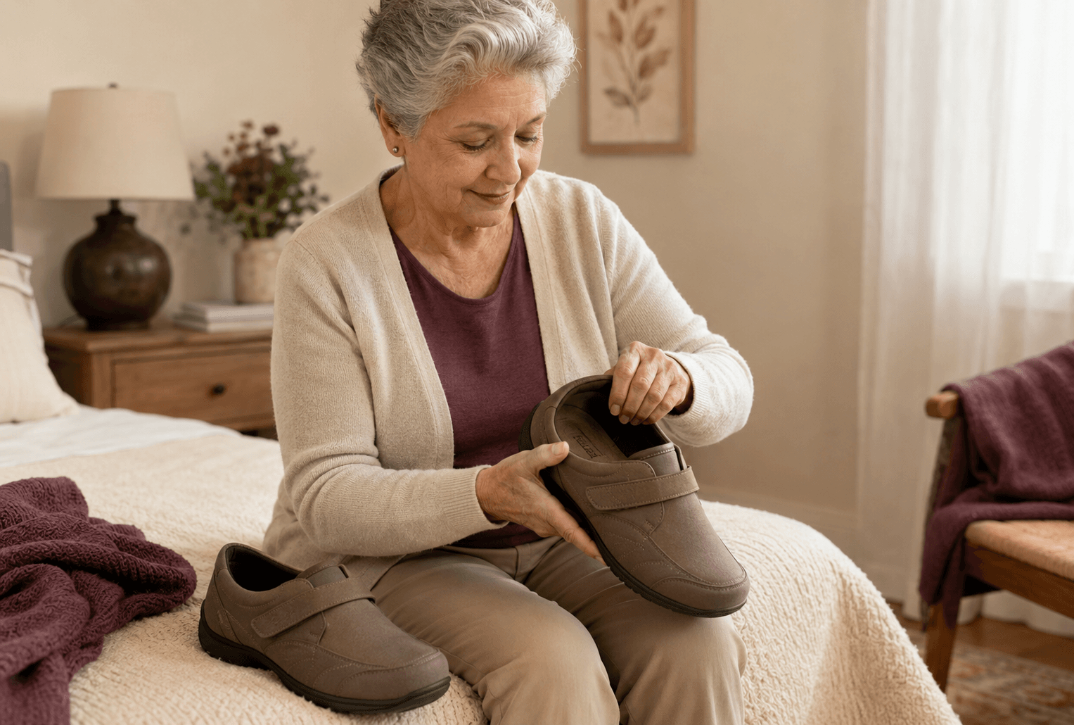 Older woman checking the inside and fit of a roomy supportive shoe at home.
