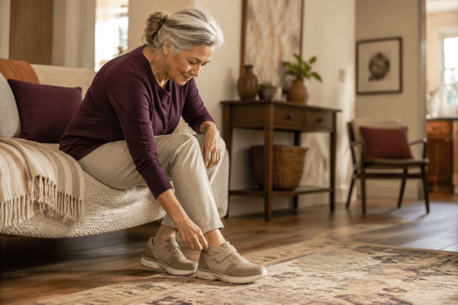 Older woman fastening a roomy supportive walking shoe at home.