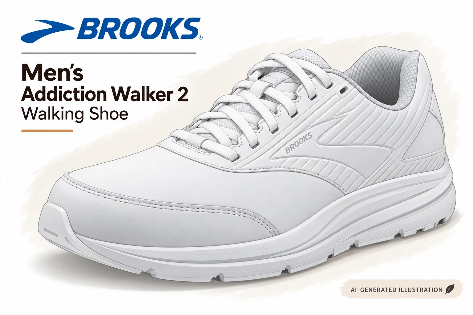 file_0000000006188230add721c9b205b08b - Rejuva Sole™ Brooks logo with a white walking shoe labeled Men’s Addiction Walker 2, product illustration on beige background (AI-generated).