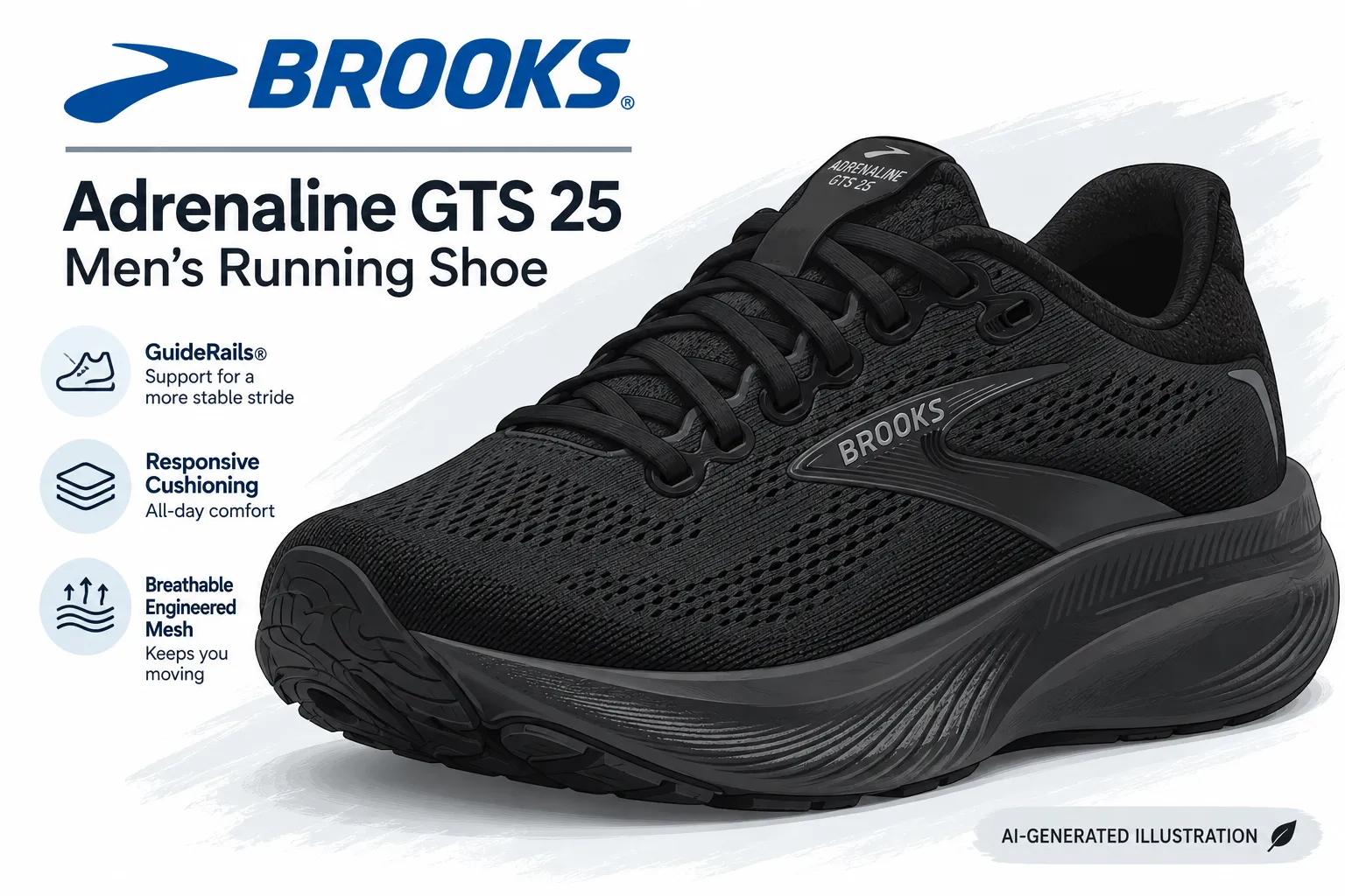 file_000000000ab88230a39a407f3f168b10 - Rejuva Sole™ Black Brooks running shoe with teal logo and teal accents, resting on a blue-to-green gradient sole on a store surface.