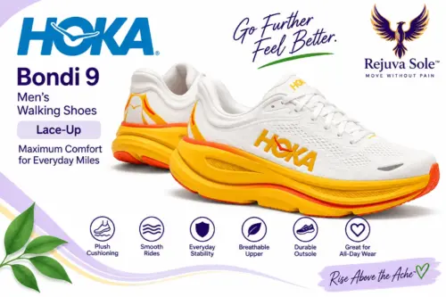 HOLD — HOKA Bondi 9 banner labeled men’s Banner-style ad for HOKA Bondi 9 men's walking shoes in white and yellow, with brand logos and taglines visible.