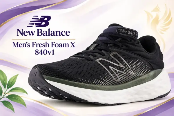 New Balance Fresh Foam X 840v1 - Rejuva Sole™ Representative AI illustration of a black New Balance Men’s Fresh Foam X 840v1 lace-up shoe on a cream, purple and gold background.