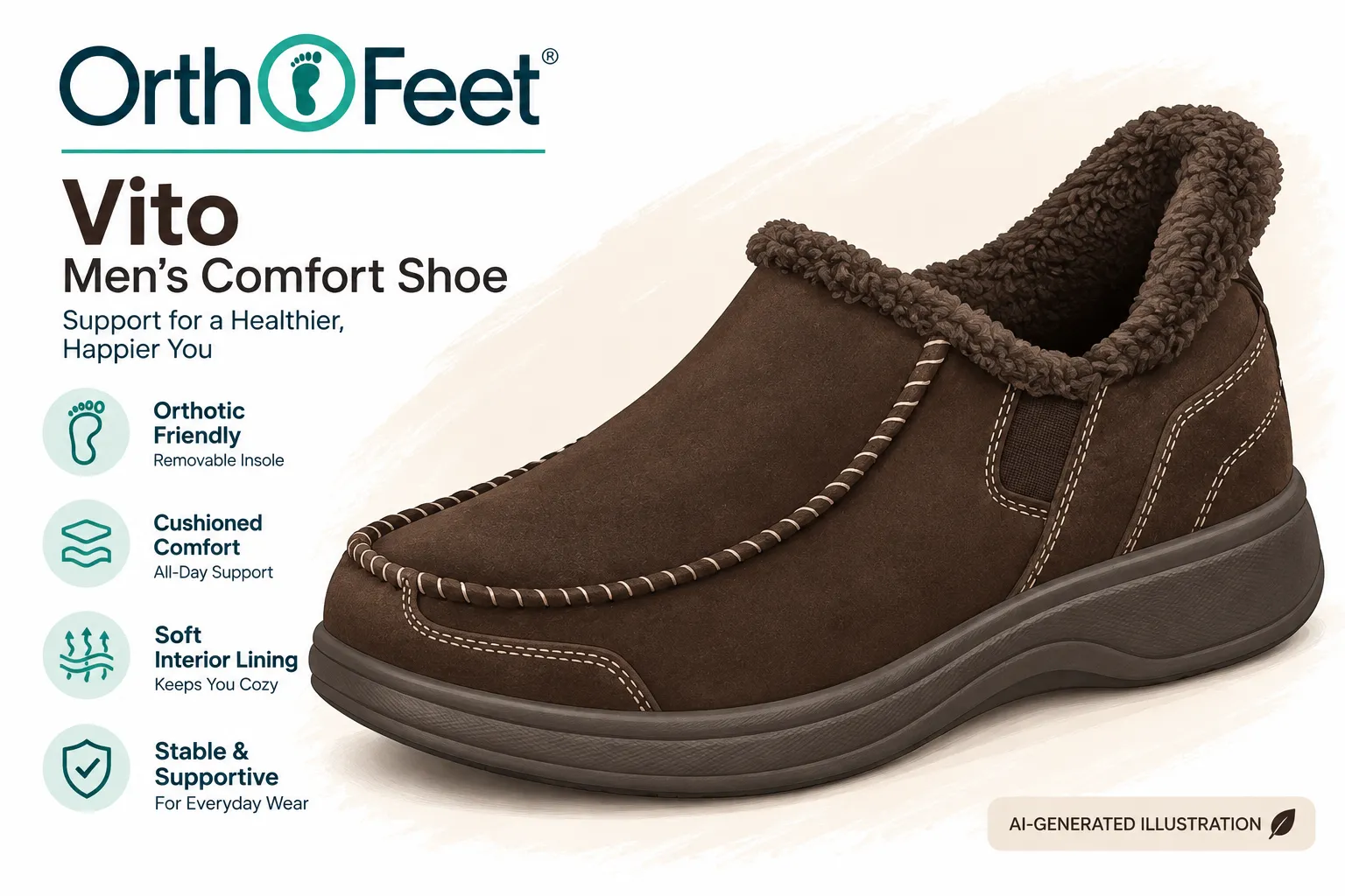 file_000000002c9c8230af32dff2d7fe8794 - Rejuva Sole™ Advert for Orthofeet Vito men’s comfort shoe showing a brown suede slipper-style shoe with plush lining and feature icons on the left side of the image.
