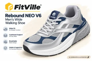 file_0000000032ec823080a683e881ec45fd - Rejuva Sole™ FitVille Rebound NEO V6 men's wide walking shoe, shown in a blue-silver design with mesh panels and a chunky sole (advertisement).
