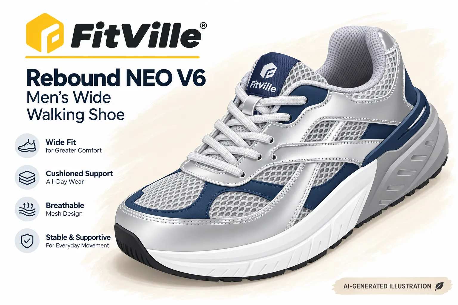 file_0000000032ec823080a683e881ec45fd - Rejuva Sole™ FitVille Rebound NEO V6 men's wide walking shoe, shown in a blue-silver design with mesh panels and a chunky sole (advertisement).