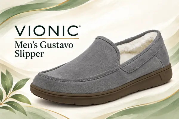 Vionic Men's Gustavo Slippers - Rejuva Sole™ AI-generated illustration of the gray, closed-heel Vionic Men’s Gustavo Slipper.