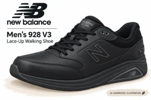 Black New Balance 928 V3 men’s lace-up walking shoe illustration, with prominent NB logo and model text on left side image edge