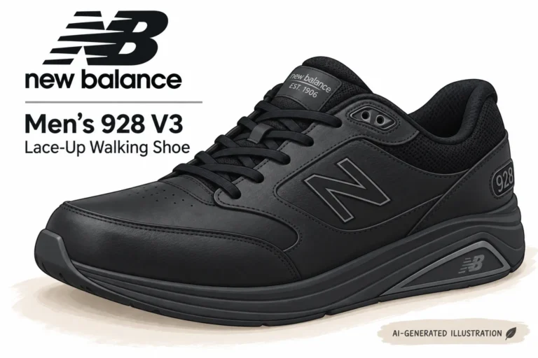Black New Balance 928 V3 men’s lace-up walking shoe illustration, with prominent NB logo and model text on left side image edge